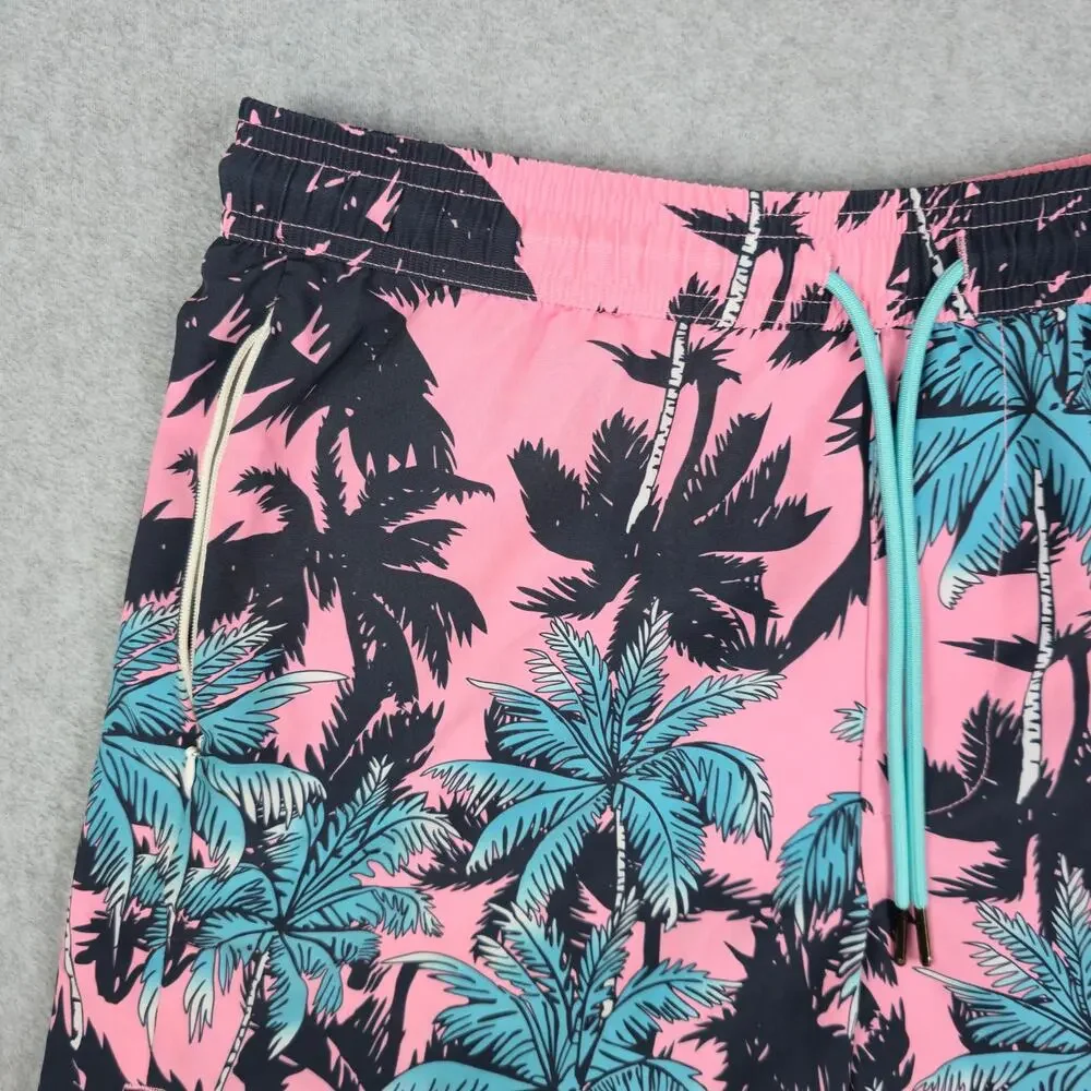 SURFCUZ Mens Medium Pink Swim Trunks Black Blue Palm Tree Pattern Drawstring